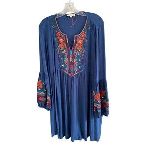 Anthropologie Solitaire  Blue Boho Embroidered Bohemian Festival Dress Sz Medium